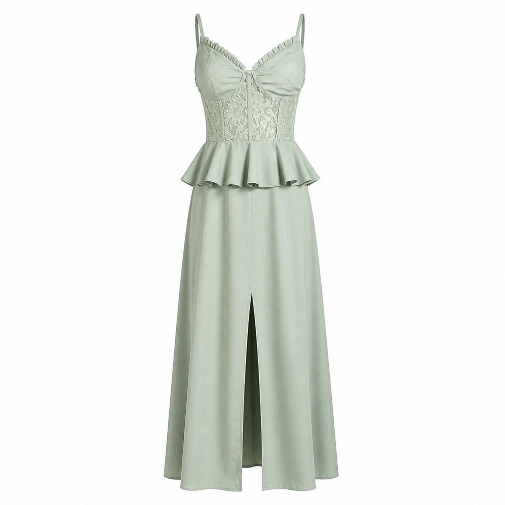 Dee Elly Sage Green Lace Corset Peplum Midi Dress DEDW632ES Small